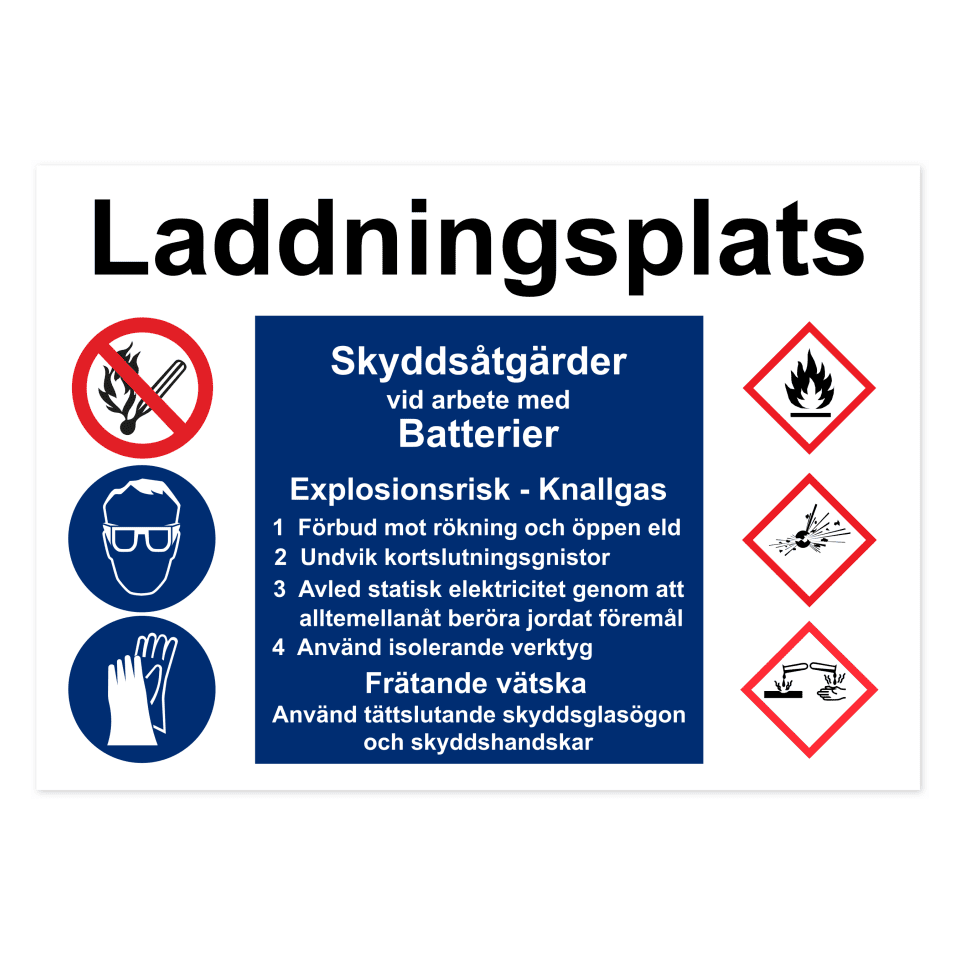 Laddningsplats, skyddsåtgärder vid arbete med batterier-skylten har storleken 420x297mm och tillverkas i materialet Dekal. Denna standardskylt kan anpassas så att du kan skapa din egen version av skylten.