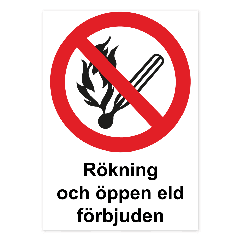 Rökning och öppen eld förbjuden-skylten har storleken 210x297mm och tillverkas i materialet Dekal. Denna standardskylt kan anpassas så att du kan skapa din egen version av skylten.
