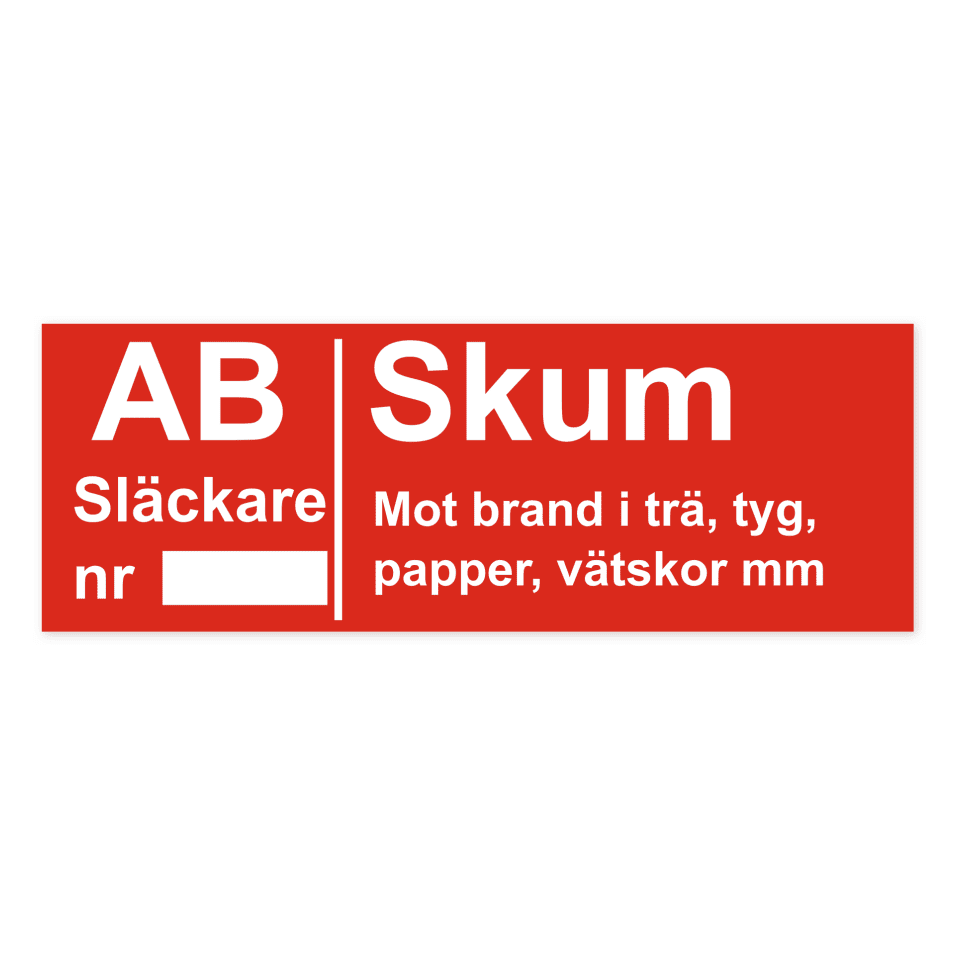 Brandsläckare - Skum (AB): Mot brand i trä, tyg, papper, vätskor mm-skylten har storleken 297x105mm och tillverkas i materialet Dekal. Denna standardskylt kan anpassas så att du kan skapa din egen version av skylten.